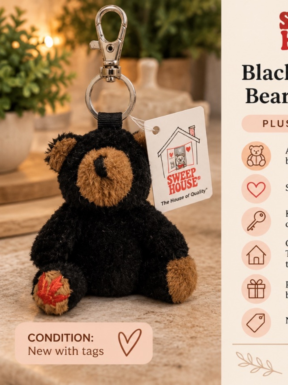 Black Bear Plush Keychain Bag Charm New With Tags